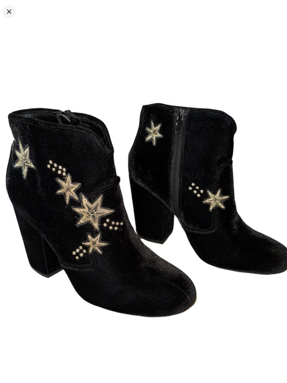 Women's Black Velvet Ankle Boots with Gold Star Embellishments Size-7.5